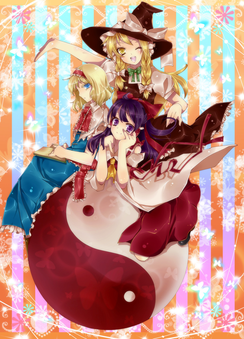 :d ^_^ ^o^ alice_margatroid blonde_hair blue_dress blush bow closed_eyes detached_sleeves dress hair_bow hakurei_reimu hat head_tilt highres kirisame_marisa kubikirisaikuru long_hair long_sleeves looking_at_viewer multiple_girls open_mouth puffy_short_sleeves puffy_sleeves short_hair short_sleeves smile touhou very_long_hair witch_hat