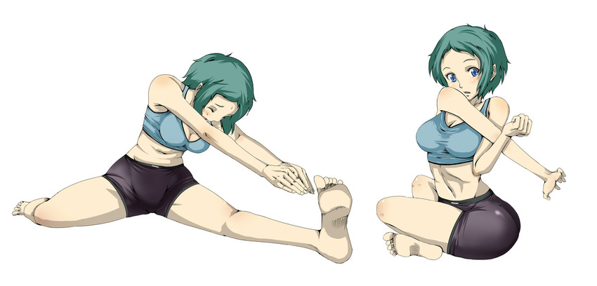 aqua_hair barefoot bike_shorts blue_eyes breasts error exercise feet medium_breasts navel persona persona_3 short_hair sports_bra stretch suta_furachina twisted_torso yamagishi_fuuka