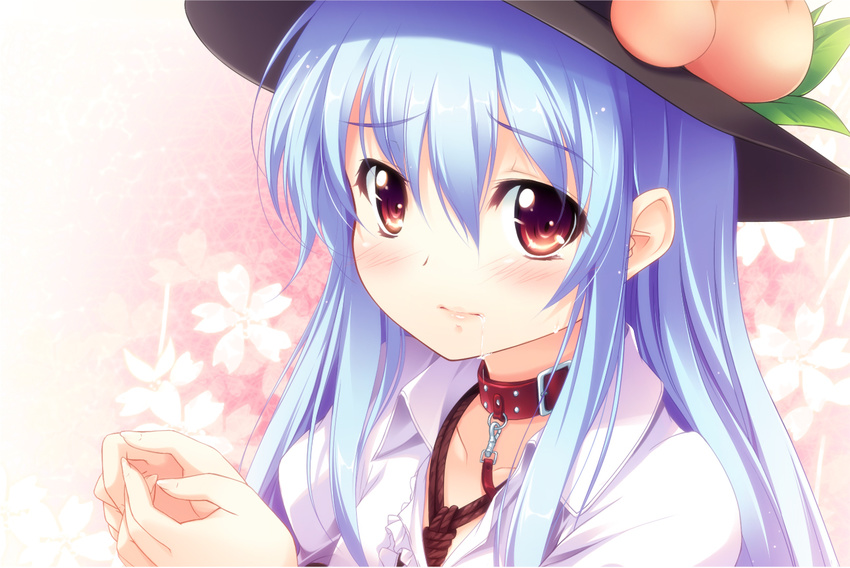 blue_hair blush collar face food fruit hat hinanawi_tenshi kazakura leash long_hair peach red_eyes saliva solo touhou