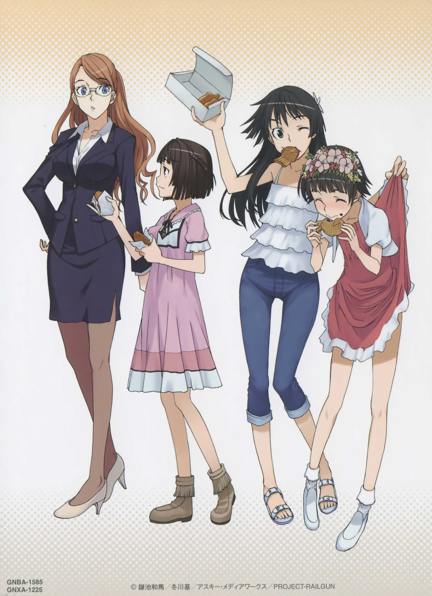 bare_shoulders black_hair black_legwear blue_eyes blush bob_cut boots brown_hair business_suit casual closed_eyes denim dress eating flower food food_on_face formal fuyukawa_motoi glasses green_eyes hair_flower hair_ornament haruue_erii head_wreath high_heels highres jacket jeans legs long_hair long_legs mouth_hold multiple_girls one_eye_closed open_mouth pants pantyhose pencil_skirt sandals saten_ruiko scan shoes short_hair skirt skirt_lift skirt_suit smile suit sundress taiyaki telestina_kihara_lifeline thigh_gap to_aru_kagaku_no_railgun to_aru_majutsu_no_index uiharu_kazari wagashi