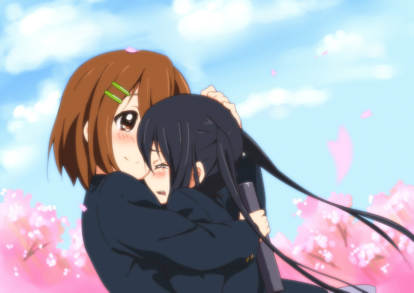 black_hair blazer brown_eyes brown_hair cherry_blossoms closed_eyes comforting crying day diploma errant graduation hair_ornament hairclip hand_on_another's_head hirasawa_yui hug jacket k-on! long_hair multiple_girls nakano_azusa petals school_uniform short_hair tears twintails