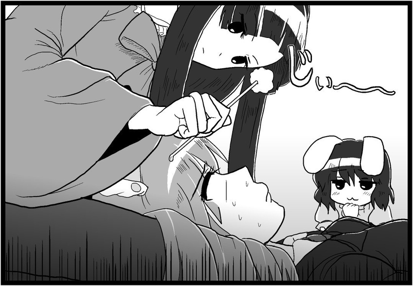 :3 animal_ears bunny_ears comic eye_contact greyscale houraisan_kaguya inaba_tewi kezune_(i-_-i) lap_pillow looking_at_another mimikaki monochrome multiple_girls reisen_udongein_inaba sweat touhou translated