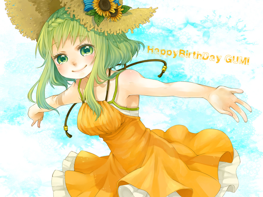 bad_id bad_pixiv_id flower green_eyes green_hair gumi hat nemutagari short_hair smile solo straw_hat sunflower vocaloid