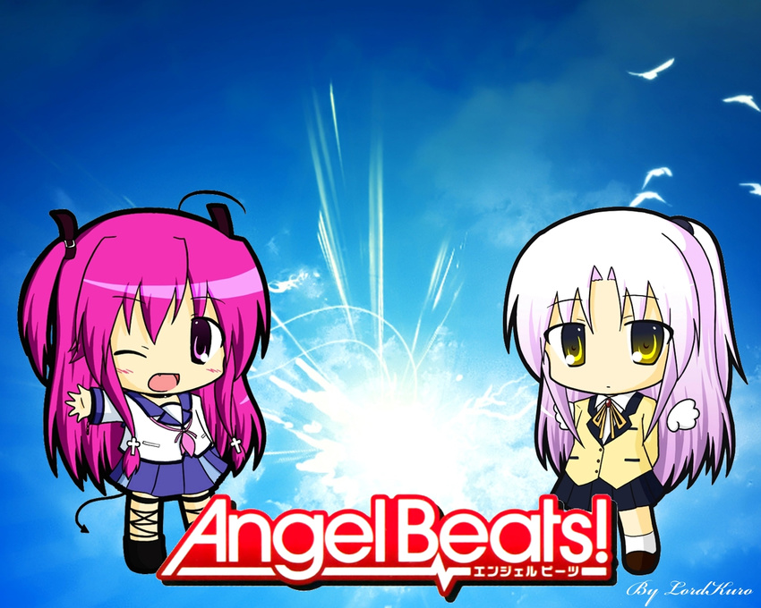 angel_beats! ankle_lace-up blazer chibi cross-laced_footwear jacket multiple_girls school_uniform serafuku tenshi_(angel_beats!) yui_(angel_beats!)