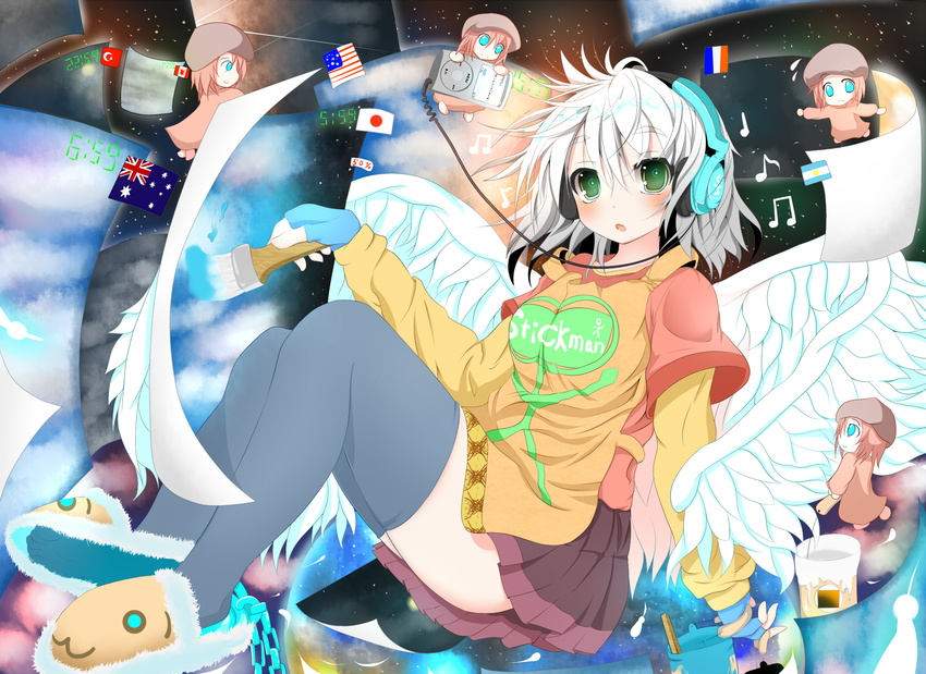 american_flag angel_wings argentinian_flag australian_flag black_legwear breasts canadian_flag chain chibi coat digital_media_player feathers flag french_flag green_eyes grey_hair hat headphones highres ipod japanese_flag multiple_girls original paint paintbrush pink_hair pleated_skirt short_hair skirt slippers small_breasts smock star sukage thighhighs turkish_flag wings zettai_ryouiki