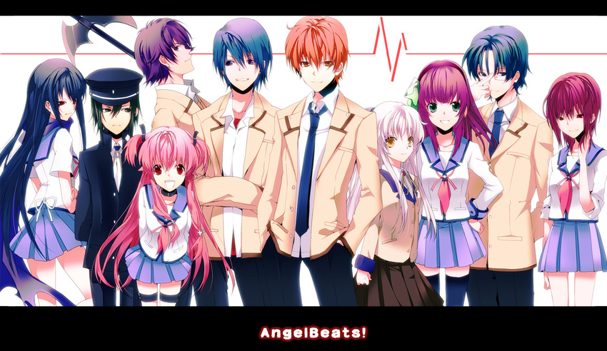 5girls angel_beats! blazer glasses hat height_difference hinata_(angel_beats!) iwasawa jacket manyako_(mohumohu) multiple_boys multiple_girls naoi_ayato noda_(angel_beats!) otonashi_(angel_beats!) school_uniform serafuku shiina_(angel_beats!) sleeves_rolled_up takamatsu tenshi_(angel_beats!) thighhighs yui_(angel_beats!) yuri_(angel_beats!)