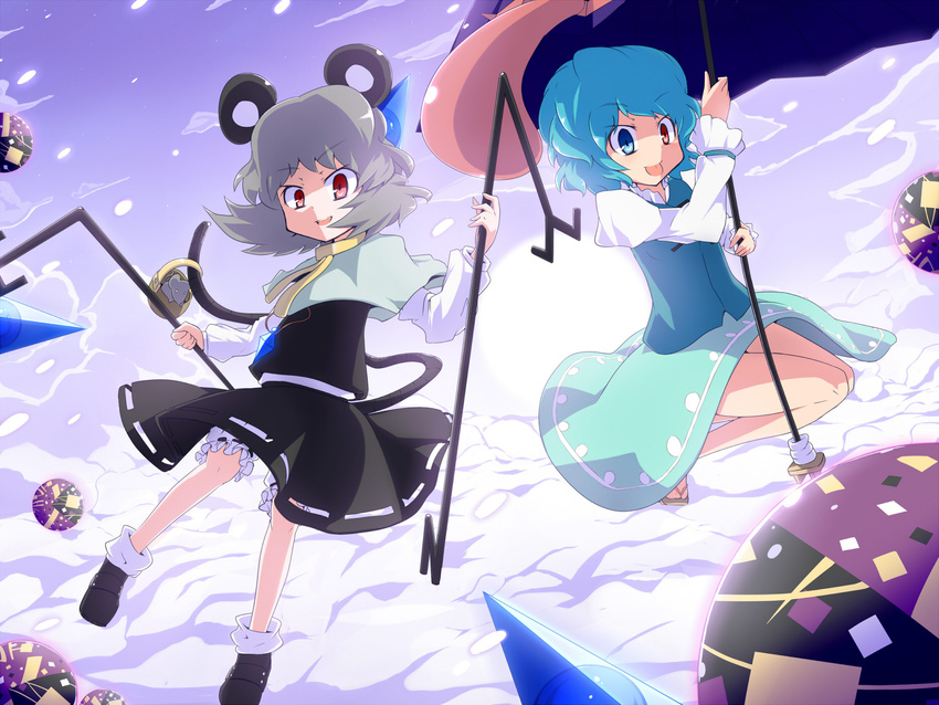 aho animal_ears basket blue_eyes blue_hair flying grey_hair heterochromia highres karakasa_obake mouse mouse_ears mouse_tail multiple_girls nazrin purple_umbrella red_eyes short_hair sky tail tatara_kogasa touhou umbrella