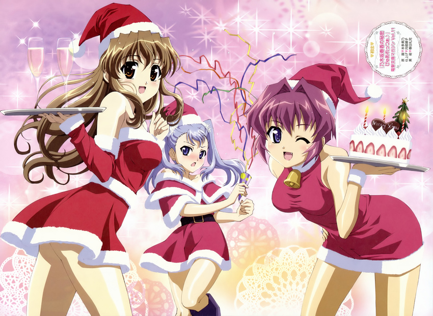 absurdres alcohol amamiya_shiina bell blue_eyes blue_hair blush boots brown_eyes brown_hair cake christmas detexted drink fang food hat highres honda_yoshino jingle_bell leaning_forward long_hair multiple_girls nogizaka_haruka nogizaka_haruka_no_himitsu non-web_source official_art one_eye_closed open_mouth purple_hair santa_costume santa_hat short_hair tennouji_touka third-party_edit tray twintails wine