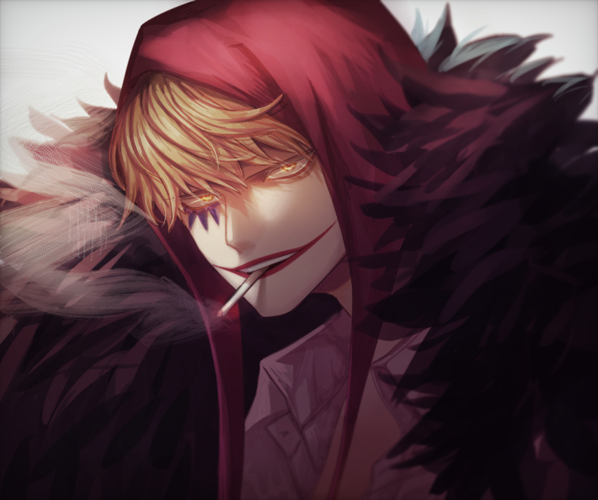 1boy blonde_hair cigarette commentary_request donquixote_rocinante feather_coat hat looking_at_viewer makeup male_focus mouth_hold nsgw one_piece orange_eyes red_lips shirt short_hair smoke smoking solo teeth