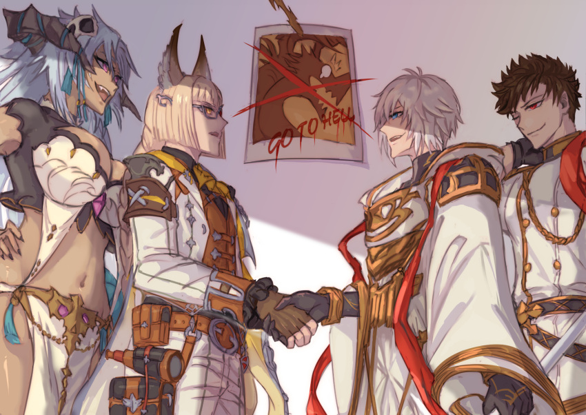 1girl 3boys animal_ears bahamut_(shingeki_no_bahamut) belial_(granblue_fantasy) black_hair blonde_hair blue_eyes breasts dragon draph erune fediel_(granblue_fantasy) fingerless_gloves gloves granblue_fantasy grey_hair handshake highres horns long_hair lu_woh_(granblue_fantasy) lucilius_(granblue_fantasy) multiple_boys navel orange_eyes red_eyes short_hair sw21159502 white_hair