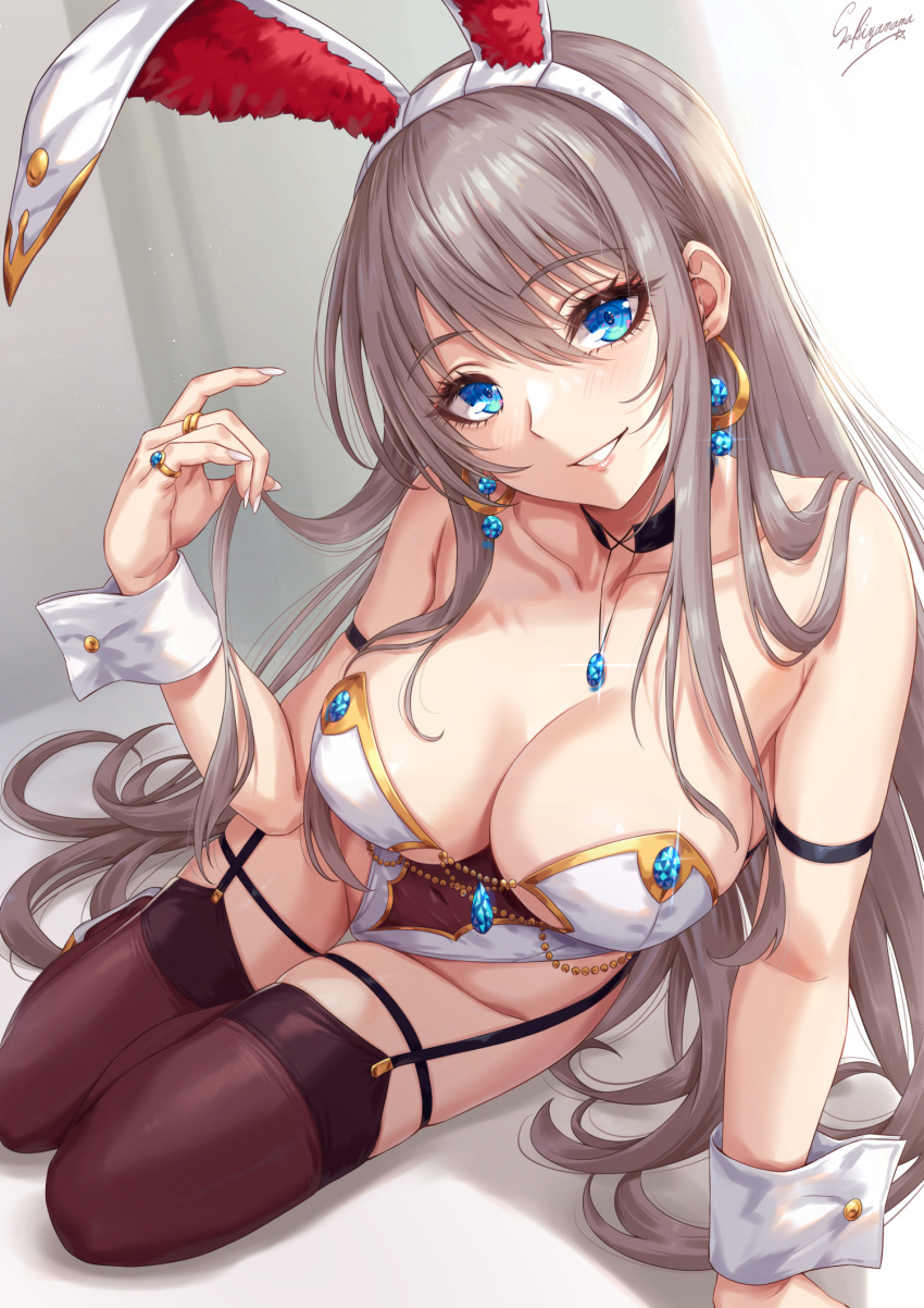 1girl animal_ears arm_strap bare_shoulders black_choker blue_eyes blush breasts brown_thighhighs choker cleavage commentary_request covered_navel earrings fake_animal_ears grey_hair hair_ornament hairband hand_up highleg highleg_leotard highres jewelry large_breasts leotard long_hair looking_at_viewer nail_polish original parted_lips playboy_bunny rabbit_ears ring sakiyamama signature smile solo thighhighs thighs white_hairband white_nails wrist_cuffs