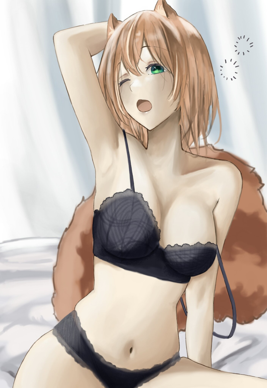 1girl animal_ears arm_up armpit_crease ayunda_risu bed black_bra black_panties bra breasts brown_hair cleavage curtains green_eyes highres hololive hololive_indonesia lace-trimmed_bra lace-trimmed_panties lace_trim large_breasts looking_at_viewer nathan01179745 on_bed one_eye_closed panties squirrel_ears squirrel_girl squirrel_tail tail underwear virtual_youtuber yawning