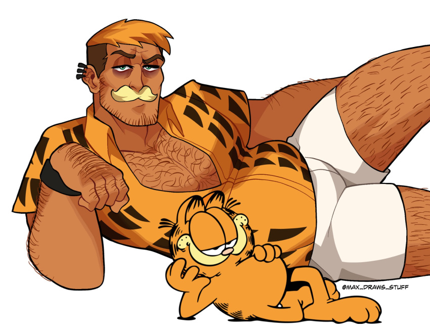 1boy arm_hair bara beard_stubble belly cat_boy chest_hair dark-skinned_male dark_skin feet_out_of_frame garfield garfield_(character) hairy hand_hair highres humanization knuckle_hair large_pectorals leg_hair limp_wrist looking_at_viewer lying male_focus mature_male on_side orange_hair pectoral_cleavage pectorals plump revealyoursins sanpaku short_shorts shorts smile thick_eyebrows thick_mustache tsurime undercut wrinkled_skin