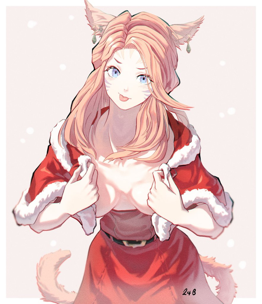 1girl :p animal_ears belt bimel_isabella blonde_hair blue_eyes breasts capelet cat_ears cat_girl cat_tail christmas dress earrings facial_mark final_fantasy final_fantasy_xiv fur-trimmed_capelet fur_trim highres jewelry leaning_forward long_hair looking_at_viewer medium_breasts miqo'te no_bra open_clothes red_dress solo tail tongue tongue_out warrior_of_light_(ff14) whisker_markings