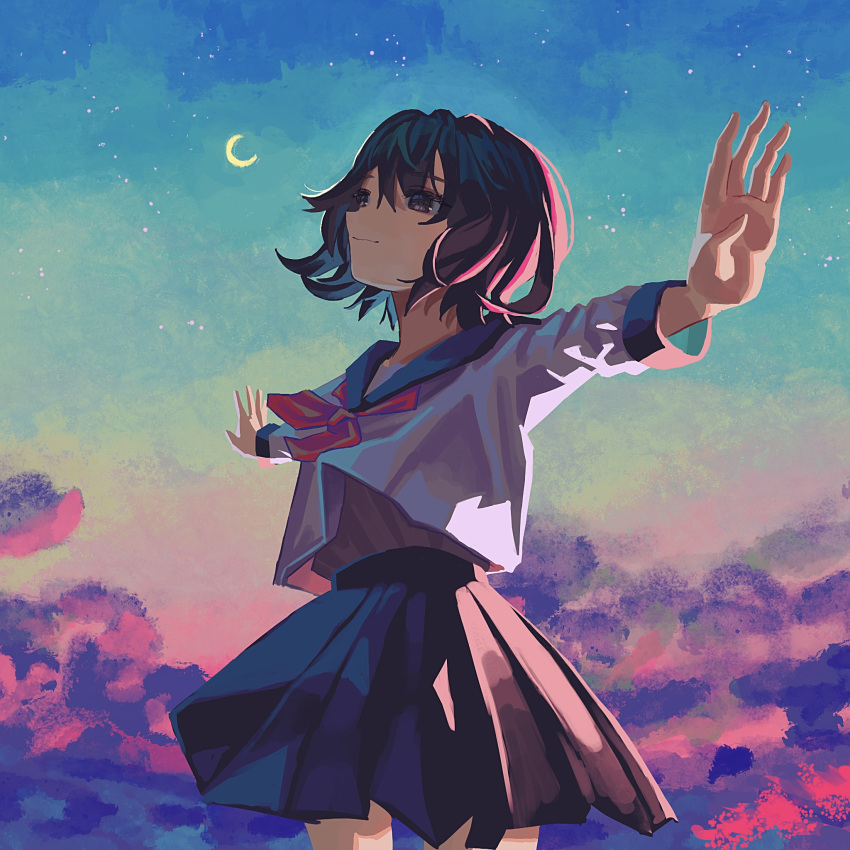 1girl black_eyes black_hair blue_sailor_collar blue_skirt closed_mouth cloud cowboy_shot crescent_moon dusk evening gradient_sky highres kagenoyuhi long_sleeves moon neckerchief original outstretched_arms pleated_skirt red_neckerchief sailor_collar school_uniform serafuku shirt short_hair skirt sky solo standing star_(sky) t-pose white_shirt