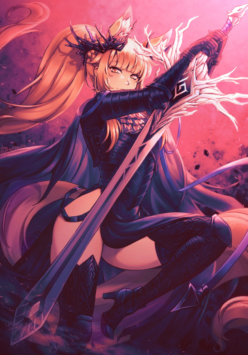 1girl animal_ear_fluff animal_ears arknights armor black_tiara blemishine_(arknights) blonde_hair blunt_bangs crown dark_persona high_heels highres holding holding_sword holding_weapon horse_ears horse_girl horse_tail kneehighs ponytail red_light sidelocks smile socks sword tail the_scarlet_devil weapon yellow_eyes zettai_ryouiki