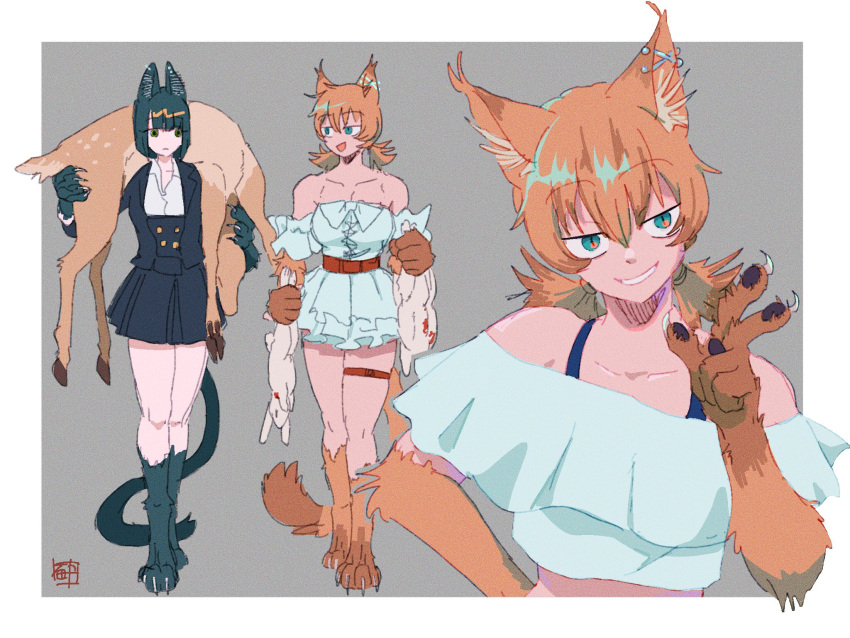 2girls :d animal animal_ear_fluff animal_ears animal_feet animal_hands bare_shoulders belt black_hair black_jacket black_skirt blue_eyes bob_cut carrying cat_ears cat_girl cat_tail check_copyright copyright_request crop_top dead_animal deer detached_sleeves dress ear_piercing fireman's_carry frills frown grey_background halterneck hand_up hands_up high-waist_skirt highres holding holding_animal jacket long_sleeves looking_at_another looking_at_viewer looking_to_the_side low_twintails miniskirt multiple_girls off-shoulder_shirt off_shoulder orange_hair original outside_border piercing prussiancatdog shirt short_dress short_hair short_sleeves skindentation skirt slit_pupils smile smirk tail thigh_belt thigh_strap toned twintails upper_body w white_dress white_shirt