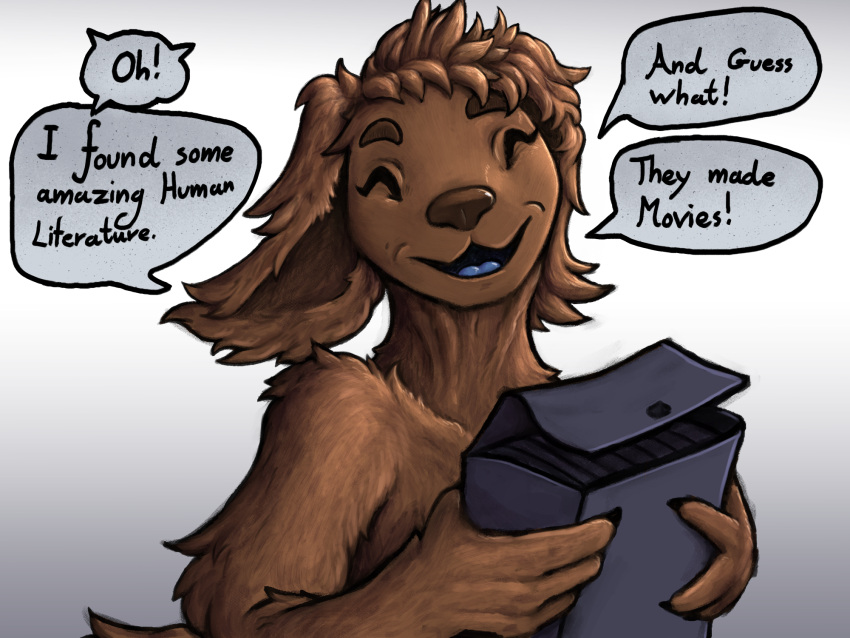 alien anthro demon_deity dialogue farsul_(the_nature_of_predators) female floppy_ears fur fyron_(the_nature_of_predators) happy hi_res mammal satchel shaggy_fur snout solo speech_bubble tagme the_nature_of_predators