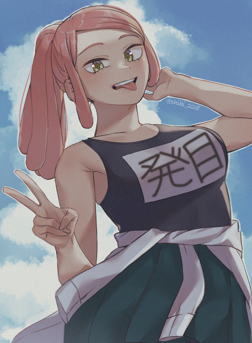 1girl artist_name black_shirt boku_no_hero_academia breasts chibi_228 cloud crosshair_pupils day hand_up hatsume_mei highres long_hair looking_at_viewer medium_breasts pink_hair shirt skirt tongue tongue_out v yellow_eyes