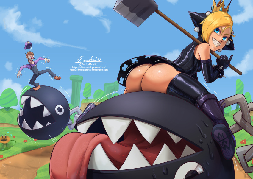 1boy 1girl armpit_peek artist_name ass ass_focus axe black_dress black_footwear black_gloves black_overalls blonde_hair blue_eyes blue_sky boots bracelet brown_footwear brown_hair chain_chomp cloud crown day doktor_malefic dress elbow_gloves flower gloves grin gumroad_username hammer highres holding holding_axe holding_weapon hooded_dress jewelry knee_boots long_hair mario_(series) no_panties outdoors overalls purple_shirt sharp_teeth shirt short_hair signature skin_tight sky sleeveless smile spiked_bracelet spikes subscribestar_username surprised talking_flower_(mario) teeth thigh_boots thighhighs tongue tongue_out tree waluigi warp_pipe warupeach watermark weapon web_address