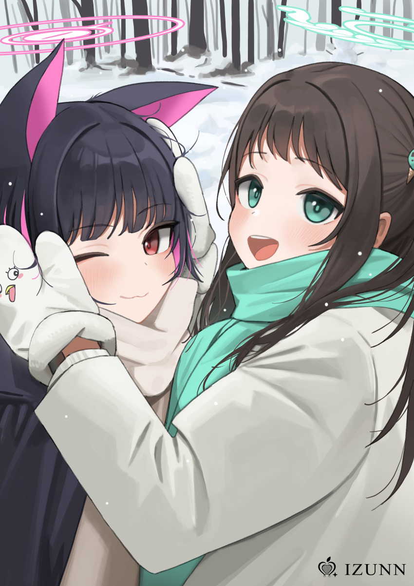 2girls absurdres airi_(blue_archive) black_coat black_hair blue_archive blush closed_mouth coat colored_inner_hair day green_eyes green_halo green_scarf halo highres kazusa_(blue_archive) long_hair mittens momocadraw multicolored_hair multiple_girls one_eye_closed open_mouth outdoors pink_hair pink_halo scarf short_hair smile white_coat white_mittens