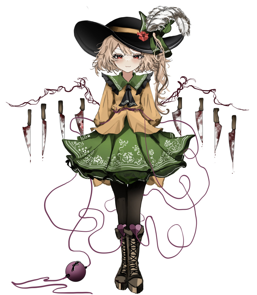 1girl :3 absurdres ascot black_ascot black_headwear black_pantyhose blonde_hair blood blood_on_knife boots brown_footwear closed_mouth commentary cosplay flandre_scarlet flat_chest flower frilled_shirt_collar frills full_body green_ribbon green_skirt hat hat_feather hat_flower hat_ribbon highres knife komeiji_koishi komeiji_koishi_(cosplay) long_sleeves looking_at_viewer one_side_up ougiikun pantyhose red_eyes red_flower ribbon shirt simple_background skirt solo third_eye touhou white_background wings yellow_shirt