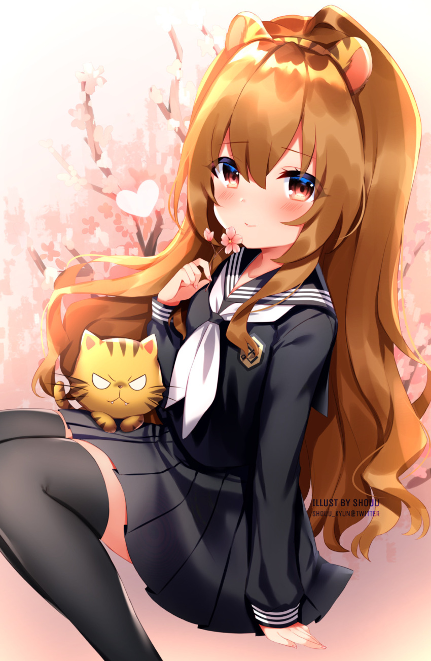 1girl aisaka_taiga animal_ears black_sailor_collar black_serafuku black_skirt black_socks cat commentary english_commentary flower heart highres holding holding_flower long_hair looking_at_viewer neckerchief pleated_skirt sailor_collar school_uniform serafuku shouu-kun sitting skirt socks solo toradora! watermark white_neckerchief