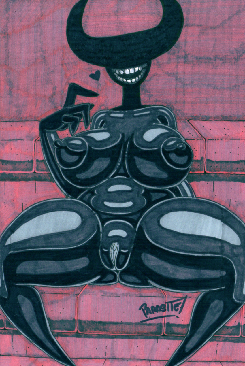 &lt;3 2023 2_horns 4_fingers absurd_res areola artist_name big_areola big_breasts big_butt black_body black_skin breasts bubble_butt butt butt_from_the_front clitoris curvy_figure detailed_background erect_nipples female fingers genitals graphite_(artwork) hi_res horn horned_humanoid huge_areola huge_breasts huge_thighs humanoid marker_(artwork) mature_female monster monstrous_humanoid nightmare_fuel nipples nude open_mouth open_smile parasitedeath pencil_(artwork) pussy signature sitting smile solo teeth thick_thighs traditional_media_(artwork) voluptuous wide_hips