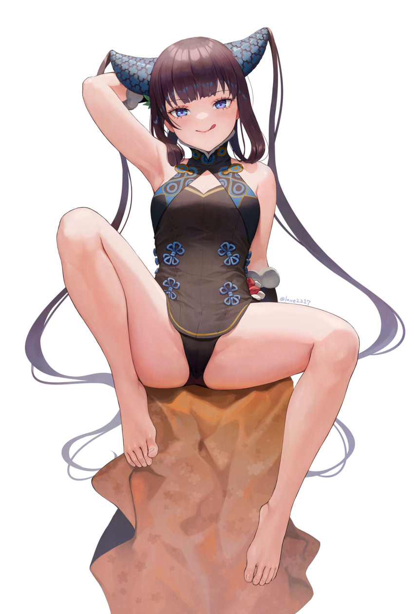 1girl bare_shoulders barefoot black_dress black_hair black_panties blue_eyes blush china_dress chinese_clothes dress fate/grand_order fate_(series) full_body hair_ornament highres leaf_hair_ornament long_hair looking_at_viewer panties purple_hair sidelocks simple_background smile solo spread_legs thighs tongue tongue_out twintails underwear very_long_hair white_background y.i._(lave2217) yang_guifei_(fate) yang_guifei_(second_ascension)_(fate)