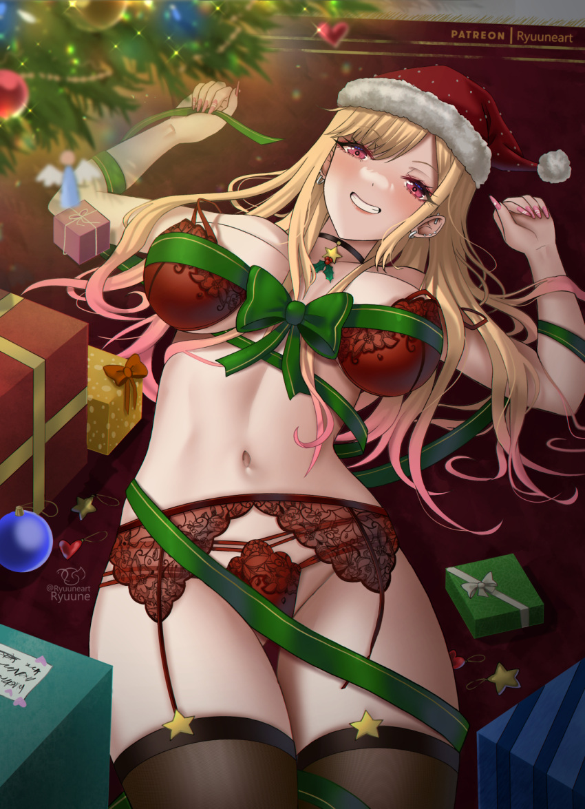 1girl ass_visible_through_thighs black_thighhighs blonde_hair box bra breasts breasts_apart carpet choker christmas christmas_tree clenched_teeth collarbone colored_tips ear_piercing earrings fake_nails fur-trimmed_headwear fur_trim gift gift_box green_ribbon grin hands_up hat highres indoors jewelry kitagawa_marin lace-trimmed_bra lace-trimmed_panties lace_garter_belt lace_trim long_hair looking_at_viewer lying medium_breasts micro_panties multi-strapped_panties multicolored_hair nail_polish navel on_back on_floor panties patreon_username piercing pink_nails red_bra red_carpet red_eyes red_garter_belt red_headwear red_panties ribbon ryuuneart santa_hat smile solo sono_bisque_doll_wa_koi_wo_suru star_(symbol) star_choker string_panties teeth thighhighs underwear underwear_only