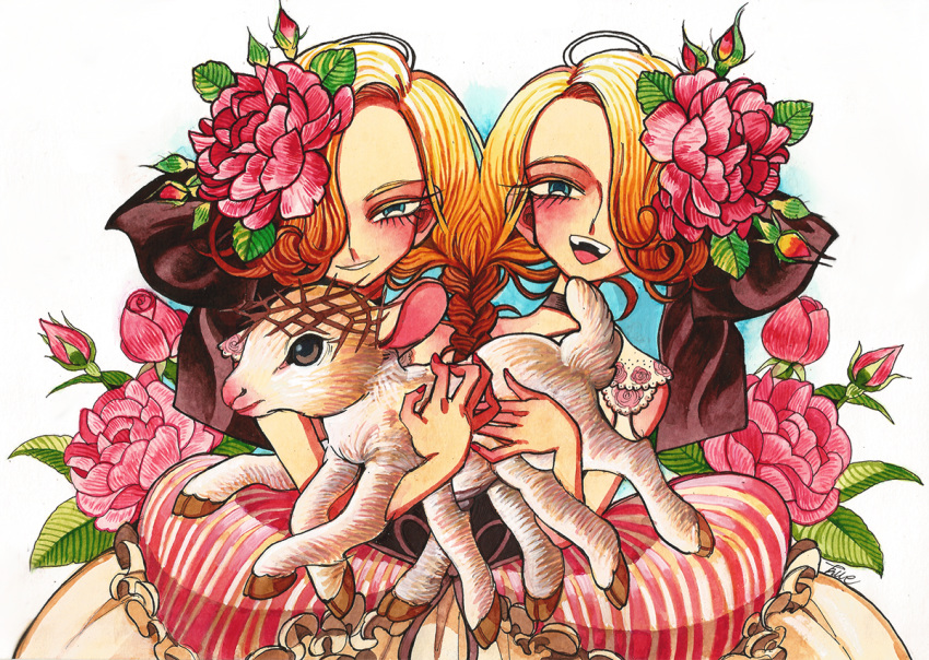 2girls :d animal black_choker blonde_hair blue_eyes blush braid choker conjoined dress extra_legs flower frilled_dress frills hair_flower hair_ornament hair_over_one_eye holding holding_animal lamb long_hair looking_at_viewer meremero multiple_girls open_mouth original pink_dress pink_flower sheep siblings single_braid smile twins white_background