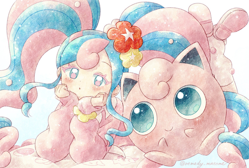 1girl :o artist_name blue_eyes blue_hair closed_mouth colored_eyelashes colored_skin commentary_request fairy_miku_(project_voltage) gradient_eyes hatsune_miku highres jigglypuff lying multicolored_eyes multicolored_hair on_stomach parted_lips pink_hair pink_skin pokemon pokemon_(creature) project_voltage remedy_matome simple_background smile twintails twitter_username two-tone_hair vocaloid white_background