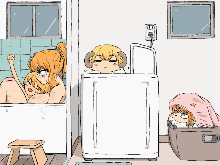 1boy 4girls :d animated animated_gif bathtub blanket blinking blonde_hair blue_bow blush blush_stickers bow breasts clenched_hand closed_eyes closed_mouth commentary_request cookie_(touhou) dual_persona expressionless genderswap genderswap_(ftm) hair_bow hakurei_reimu high_ponytail human_head indoors kirisame_marisa kyuuden large_breasts laundry_basket long_hair looking_at_another looping_animation mars_(cookie) medium_bangs multiple_girls open_mouth otoko_no_ko plug red_bow rei_(cookie) sananana_(cookie) shared_bathing sheep short_hair smile soap_bubbles spinning stool suzu_(cookie) touhou upper_body washing_machine window