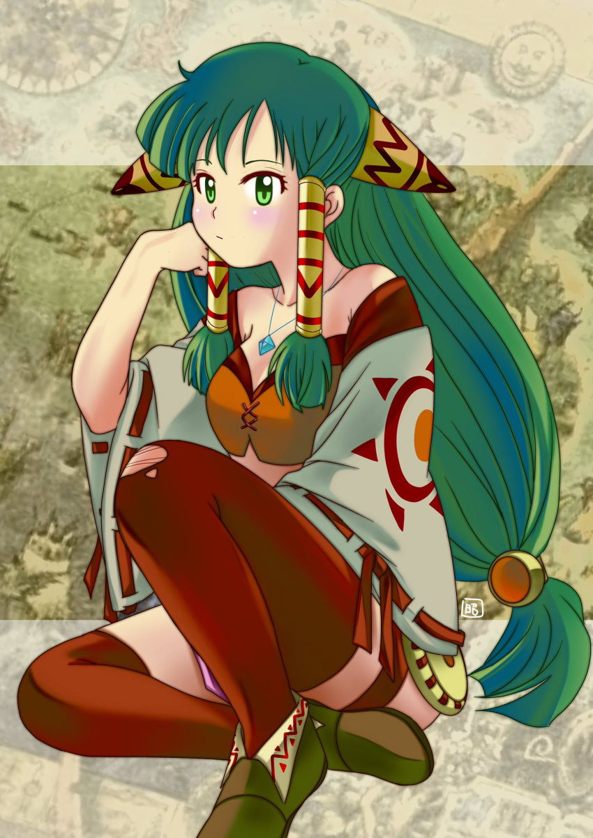 1girl bare_shoulders breasts closed_mouth collarbone feena_(grandia) full_body grandia grandia_i green_eyes green_hair hair_ornament hair_tubes highres jewelry long_hair looking_at_viewer low-tied_long_hair map midriff necklace okobore_de_shou skirt solo thighhighs wide_sleeves