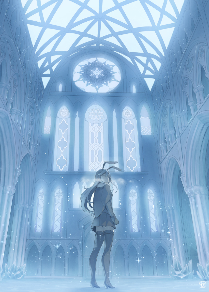 1girl animal_ears boots capelet church commission heibonkaeru highres ice_crystal indoors long_hair miniskirt original pleated_skirt rabbit_ears rabbit_girl skeb_commission skirt snow stained_glass thigh_boots