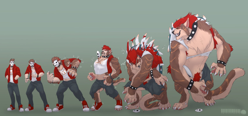 anthro big_muscles bobcat body_size_growth bottomwear bowser claws clothed clothing collar digital_media_(artwork) expansion felid feline fur growth hair hi_res human human_to_anthro koopa lynx male mammal mario_bros mask muscle_growth muscular muscular_anthro muscular_male nintendo pecs petplayer976 scalie simple_background size_transformation smile solo species_transformation spiked_collar spikes tail teeth torn_clothing transformation transformation_sequence wardrobe_malfunction