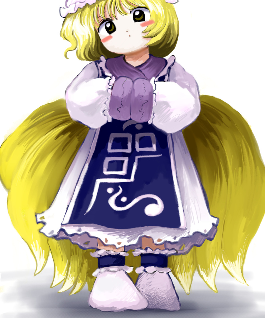 1girl absurdres blonde_hair blue_tabard blush_stickers dress fox_tail frills hands_in_opposite_sleeves head_tilt highres long_sleeves looking_at_viewer medium_hair multiple_tails own_hands_together simple_background socks solo standing straight-on tabard tail touhou white_background white_dress white_socks yakumo_ran yakumora_n zun_(style)