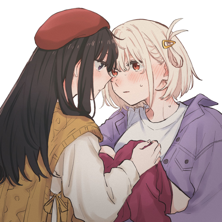 2girls beret black_hair blonde_hair blush brown_sweater_vest closed_mouth commentary_request hair_ornament hairclip hat highres inoue_takina jacket long_hair long_sleeves lycoris_recoil multiple_girls nervous_sweating nishikigi_chisato one_side_up parted_lips purple_eyes purple_jacket red_eyes red_headwear shirt short_hair sidelocks simple_background sweat sweater_vest white_background white_shirt yarou_(user_szzk3833) yuri