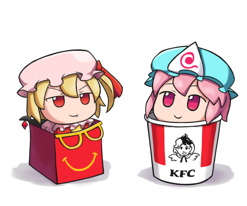 2girls blonde_hair bucket chibi commentary edgycat flandre_scarlet fumo_(doll) happy_meal hat in_bucket in_container kfc mcdonald's mob_cap multiple_girls one_side_up pink_hair purple_eyes red_eyes saigyouji_yuyuko smile touhou v-shaped_eyebrows