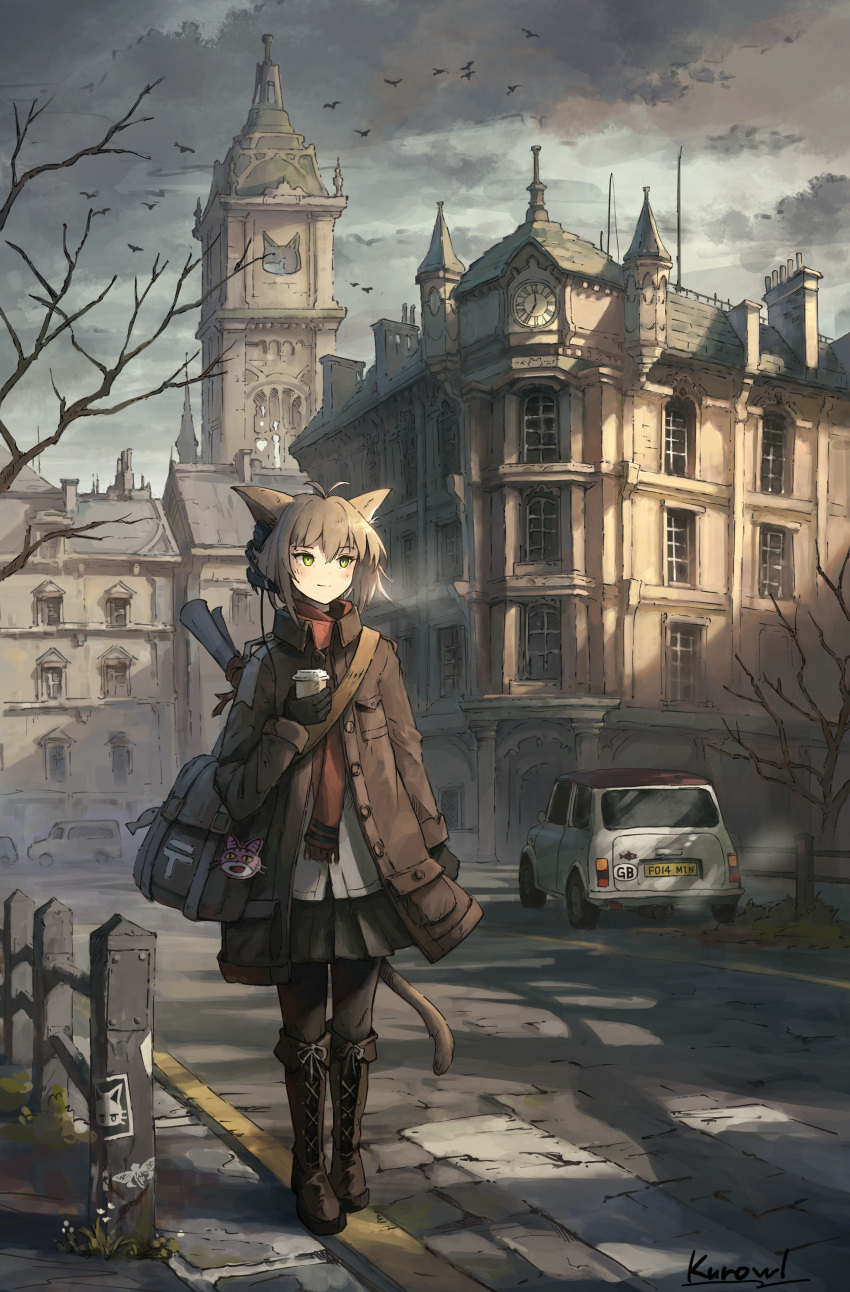 1girl absurdres animal_ears bag bare_tree black_gloves black_pantyhose black_skirt brown_coat brown_footwear brown_hair building car cat_ears cat_girl cat_tail coat cup disposable_cup european_architecture gloves green_eyes grey_sky highres motor_vehicle open_clothes open_coat original pantyhose ram-a red_scarf road rolled_up_paper scarf scenery shirt short_hair shoulder_bag skirt sky tail tree white_shirt