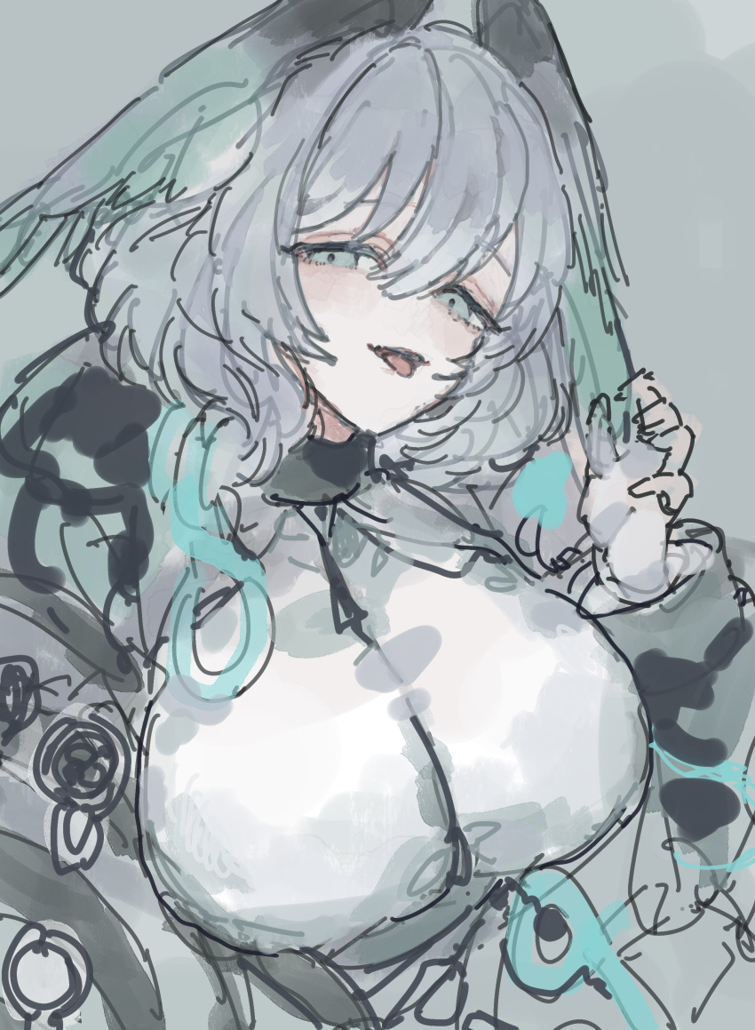 1girl absurdres aqua_eyes arknights breasts dress fingerless_gloves gloves green_background grey_hair hair_between_eyes head_wings highres ho'olheyak_(arknights) large_breasts looking_at_viewer medium_hair open_mouth rocb simple_background sketch solo tongue upper_body white_dress white_gloves wings