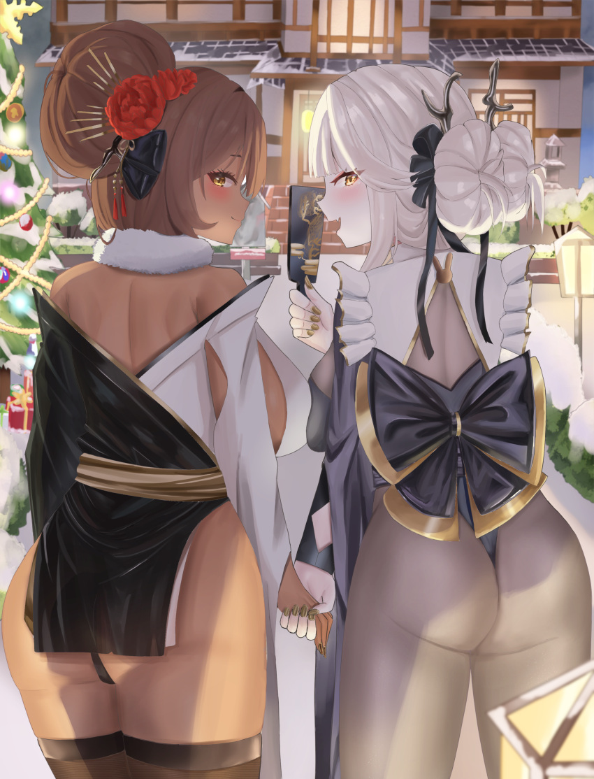 2girls absurdres architecture ass black_ribbon black_thighhighs blanc_(nikke) blanc_(white_rabbit)_(nikke) bodystocking breasts brown_hair christmas_tree dark-skinned_female dark_skin detached_collar east_asian_architecture flower frilled_kimono frills from_behind fur_collar gift goddess_of_victory:_nikke gold_nails hair_bun hair_flower hair_ornament hair_ribbon highres holding holding_hands holding_paddle japanese_clothes just_tume kimono large_breasts looking_at_viewer medium_breasts multicolored_clothes multicolored_kimono multiple_girls noir_(black_rabbit)_(nikke) noir_(nikke) obi off_shoulder official_alternate_costume paddle red_flower ribbon sash short_kimono siblings sideboob single_hair_bun sisters snow thighhighs white_hair yellow_eyes