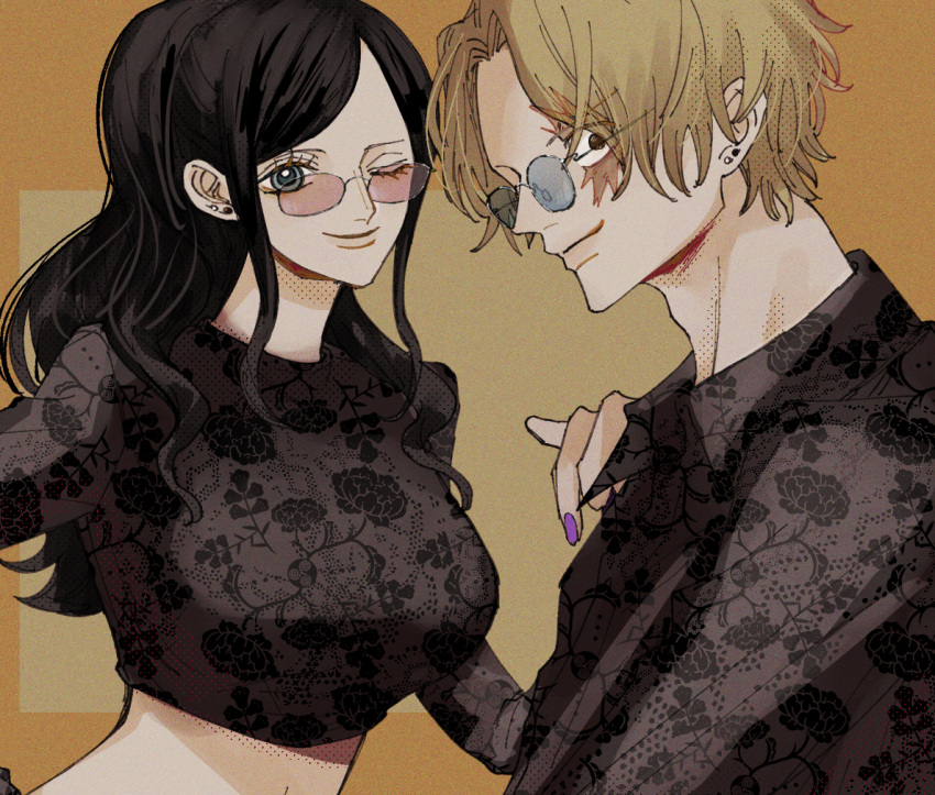 1boy 1girl black_hair blonde_hair blue_eyes breasts closed_mouth commentary_request crop_top earrings floral_print jewelry large_breasts long_hair long_sleeves looking_at_viewer midriff nico_robin nsgw one_eye_closed one_piece ponytail purple_nails sabo_(one_piece) scar scar_on_face shirt smile sunglasses