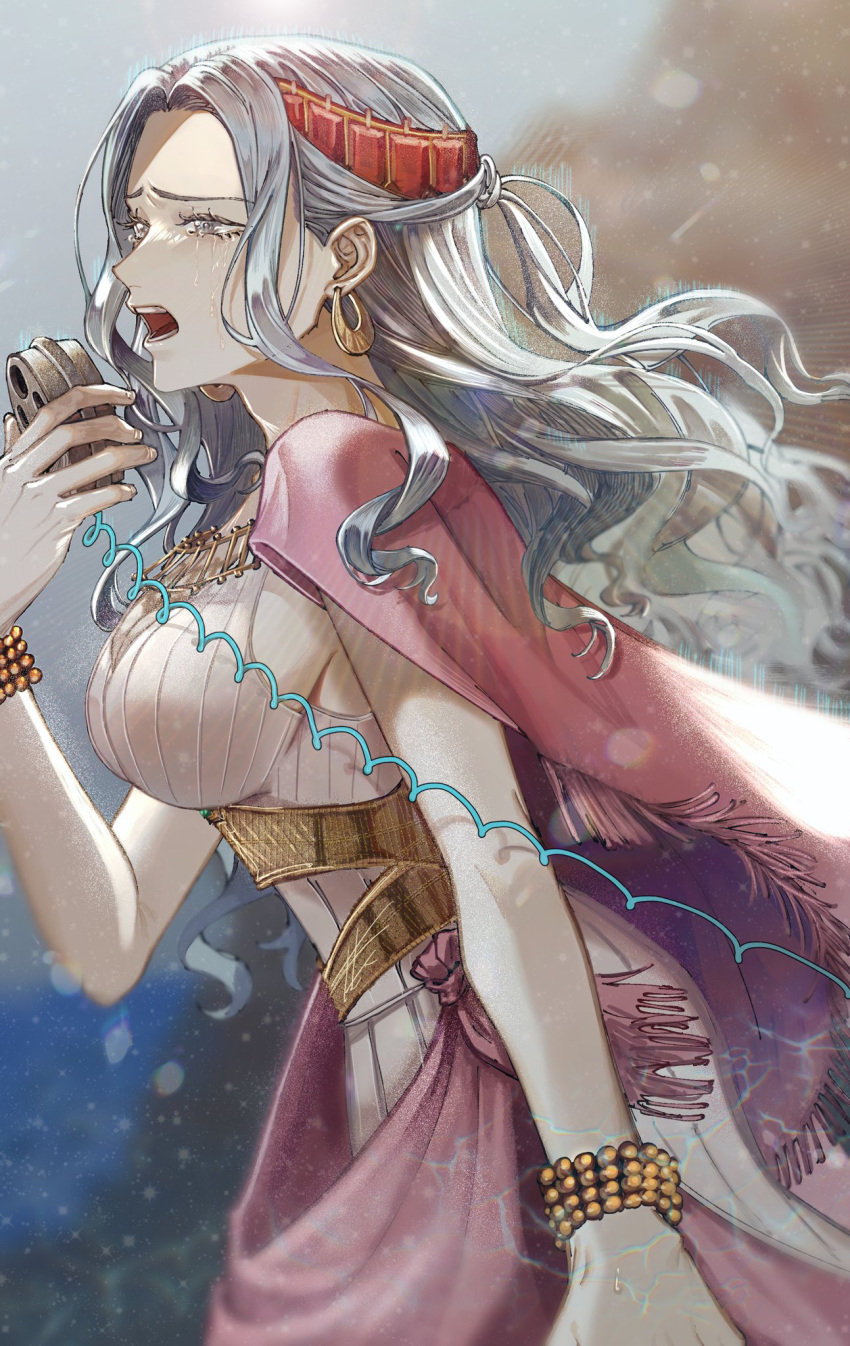 1girl blue_hair bracelet breasts cape cleavage commentary_request crying dress earrings eyelashes hair_ornament highres jewelry large_breasts long_hair looking_afar nefertari_vivi nsgw one_piece open_mouth solo tears wavy_hair