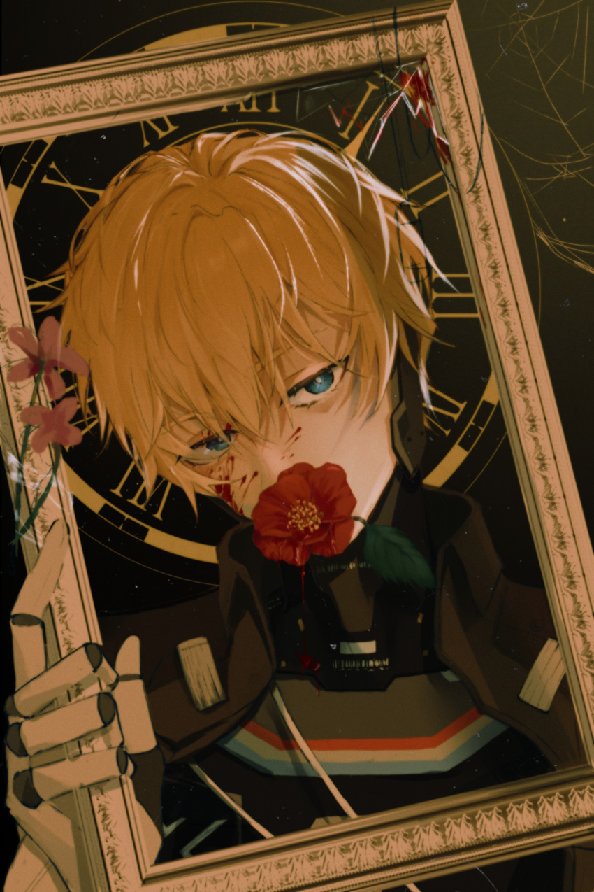 1boy absurdres armor armor_under_clothes black_jacket blonde_hair blood blood_on_face blood_on_glass blue_eyes breastplate broken_glass chimei_wangliang chinese_commentary clock collared_jacket commentary covered_mouth dripping_blood flower flower_in_mouth flower_request glass highres holding_frame jacket lee:_hyperreal_(punishing:_gray_raven) lee_(punishing:_gray_raven) looking_at_viewer male_focus mechanical_hands open_clothes open_jacket picture_frame pink_flower portrait punishing:_gray_raven red_flower short_hair silk solo spider_web