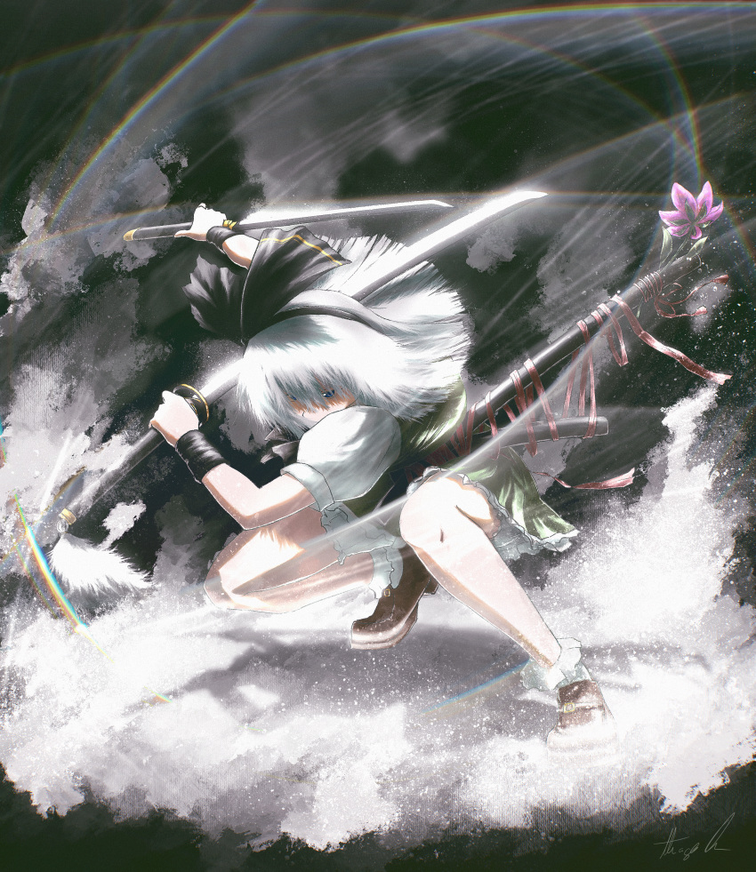 1girl absurdres black_hairband black_wristband blue_eyes bow_hairband brown_footwear fighting_stance flower frilled_skirt frilled_socks frills full_body green_skirt green_vest hairband highres holding holding_sword holding_weapon katana konpaku_youmu lens_flare light_particles loafers medium_hair mixed-language_commentary oubachiago pink_flower procreate_(medium) puffy_short_sleeves puffy_sleeves rainbow red_ribbon ribbon scabbard serious sheath shirt shoes short_sleeves signature skirt socks solo squatting sword touhou vest wakizashi weapon white_hair white_shirt white_socks wristband