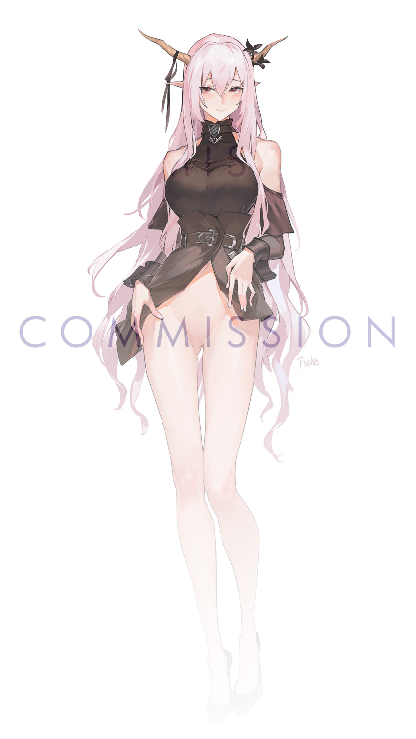 1girl absurdres arknights artist_name bare_shoulders belt belt_buckle blush bottomless breasts buckle closed_mouth commission full_body fushe highres horns large_breasts legs long_hair long_sleeves looking_at_viewer navel no_pussy pink_hair pointy_ears red_eyes shining_(arknights) simple_background smile solo very_long_hair white_background