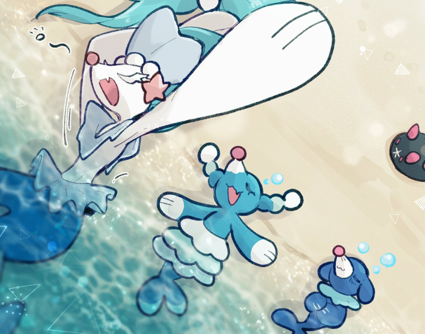 :3 animal_focus beach blue_skin brionne closed_eyes colored_eyelashes colored_skin commentary_request evolutionary_line lying no_humans on_back open_mouth pokemon pokemon_(creature) popplio primarina pyukumuku sand sea_lion snout sstoh water white_skin