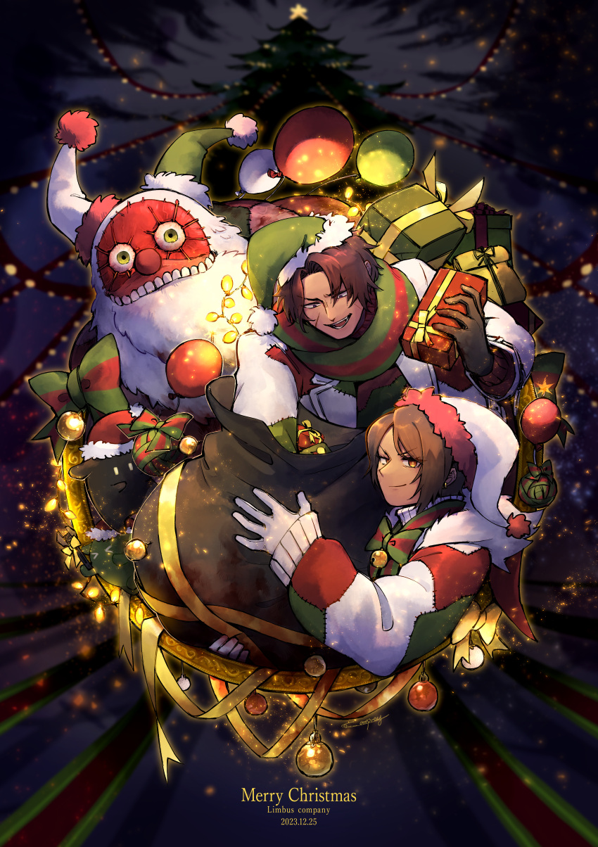 1boy 1girl absurdres brown_eyes brown_hair christmas christmas_tree dated e.g.o_(project_moon) gift gloves gnome_(project_moon) green_scarf hat heathcliff_(project_moon) highres holding holding_gift limbus_company long_sleeves looking_at_viewer merry_christmas outis_(project_moon) project_moon sandolph_(project_moon) santa_hat scarf short_hair sweater white_gloves white_headwear white_sweater yatsumeunagi