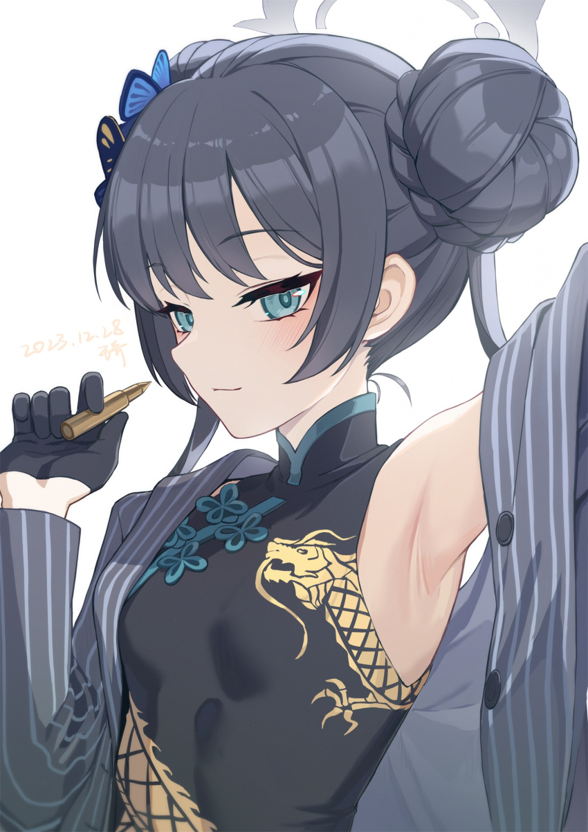 1girl arm_up armpits black_dress black_gloves black_hair blue_archive blue_eyes breasts butterfly_hair_ornament china_dress chinese_clothes cosmetics double_bun dragon_print dress gloves grey_halo hair_bun hair_ornament halo highres holding holding_lipstick_tube kisaki_(blue_archive) lipstick_tube long_hair looking_at_viewer medium_breasts sleeveless sleeveless_dress solo wangqi